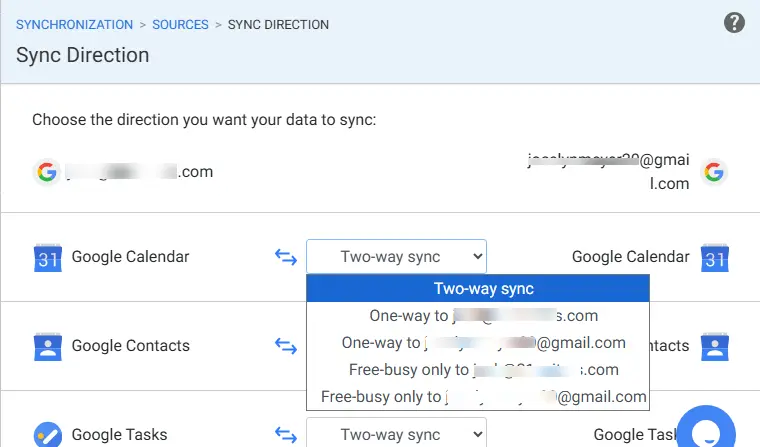 SyncGene synchronization configuration screen